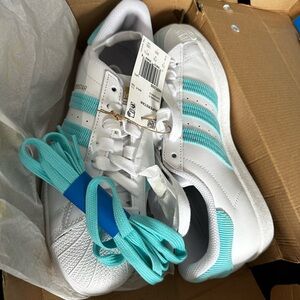 Adidas White Sneakers with Teal Detail